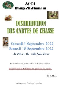 DISTRIBUTION DES CARTES DE CHASSE - LE 03/09 - ACCA @ Salle Jules Ferry