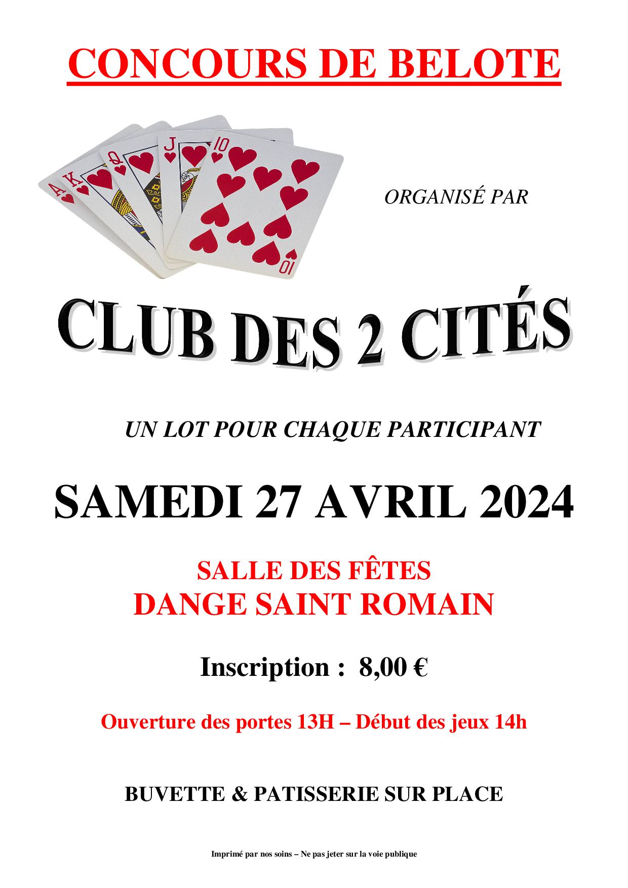 CONCOURS DE BELOTE - LE 27/04 - LE CLUB DES 2 CITÉS @ SALLE DES FÊTES