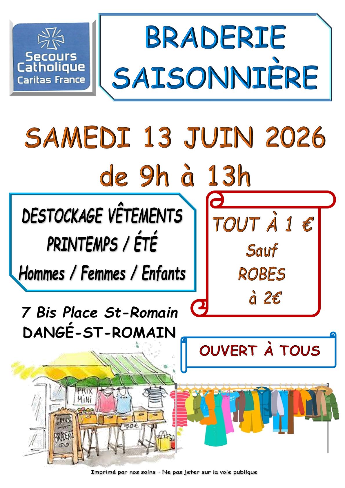BRADERIE SAISONNIÈRE - LE 13/06 - SECOURS CATHOLIQUE @ ANTENNE DU SECOURS CATHOLIQUE | Dangé-Saint-Romain | Nouvelle-Aquitaine | France