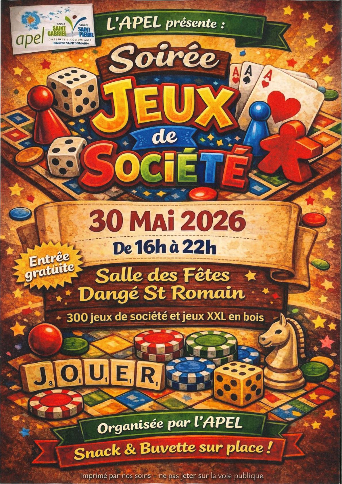 SOIRÉE JEUX DE SOCIÉTÉS - LE 30/05 - APEL ST GABRIEL / ST PIERRE @ SALLE DES FÊTES