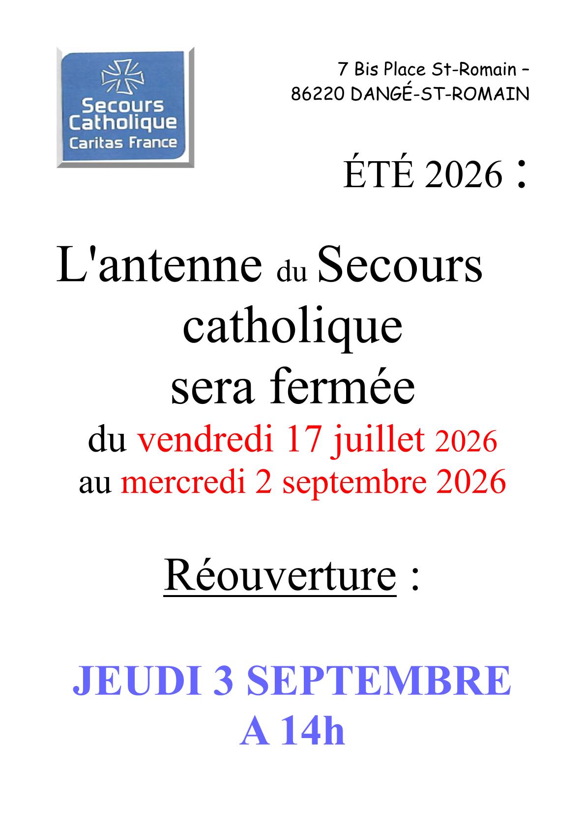 FERMETURE ESTIVALE - SECOURS CATHOLIQUE