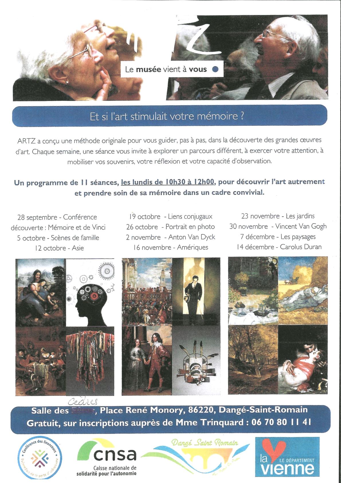 ATELIER MEMOIRE DE L'ASSOCIATION ARTZ - LE 28/09 @ Salle des Cèdres | Dangé-Saint-Romain | Nouvelle-Aquitaine | France